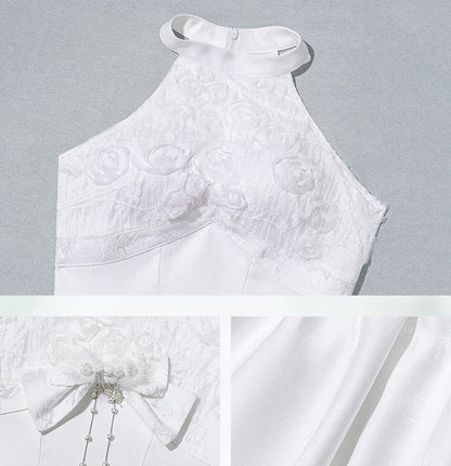白い花柄ボディスホルターネックフェアリードレス