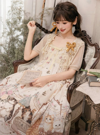 Beige Cat Print High Waist Sweet Lolita Jumper Skirt - NyaNya