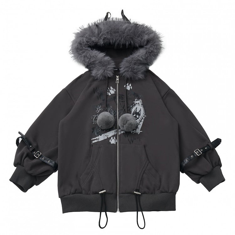 Trim Accents Hooded Grey Ear Spiderweb Hood Prints Plush Jacket with - Bittersweet Wolf