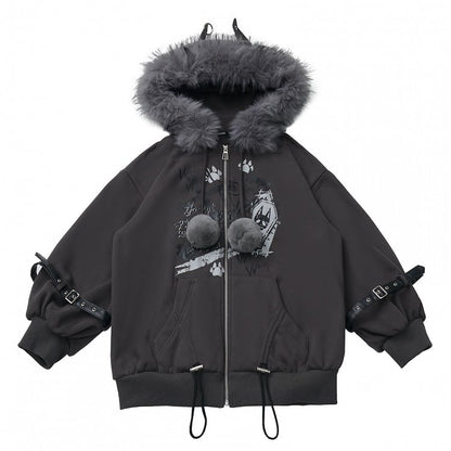 Trim Accents Hooded Grey Ear Spiderweb Hood Prints Plush Jacket with - Bittersweet Wolf