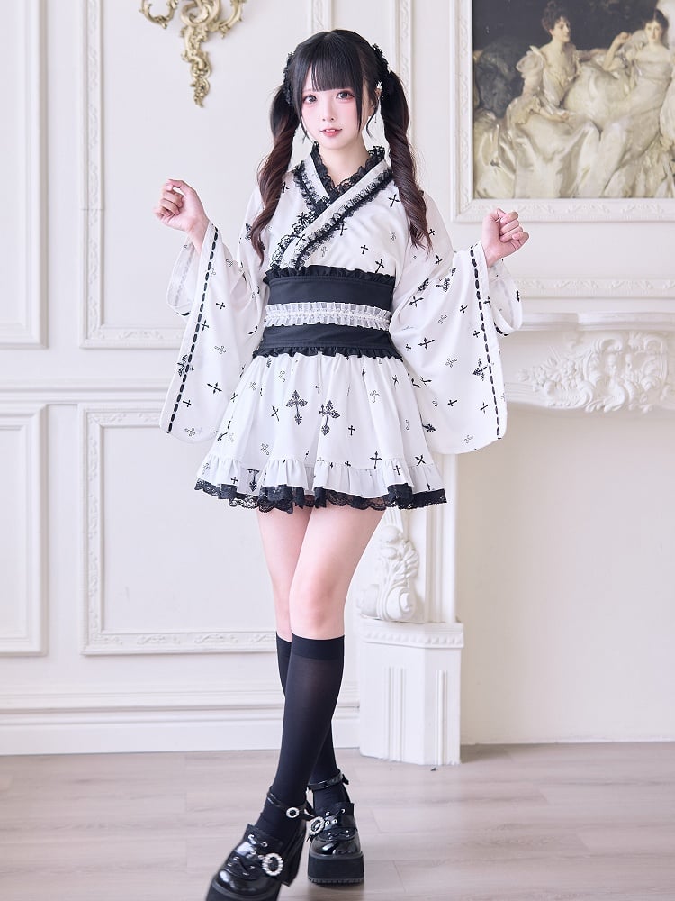with Bell Sleeves Wrap Top Gothic Cross Print Black Jirai Kei Kimono-Style White