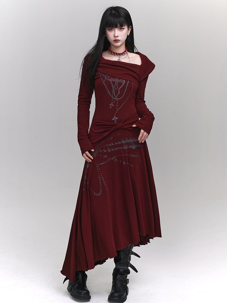 Weinrotes Cross-Kleid mit asymmetrischem Ausschnitt und Saum mit Twist-Detail