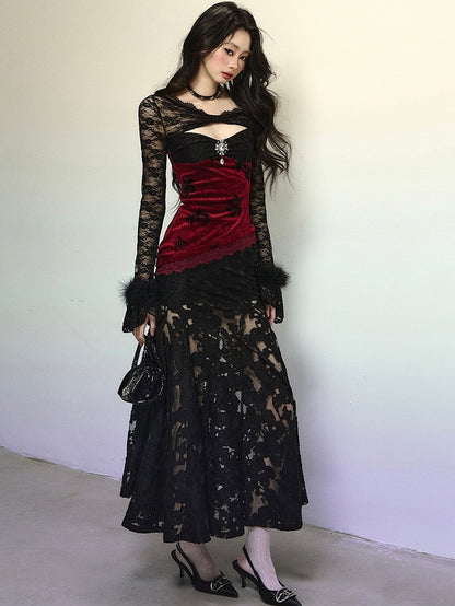 Black Asymmetrical Neckline Red Velvet Patchwork Semi-sheer Mermaid Skirt Dress Evening Gown