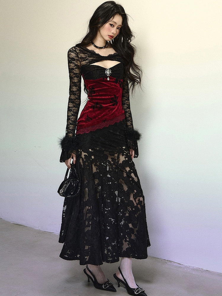 Robe de soirée sirène semi-transparente en velours rouge à décolleté asymétrique noir