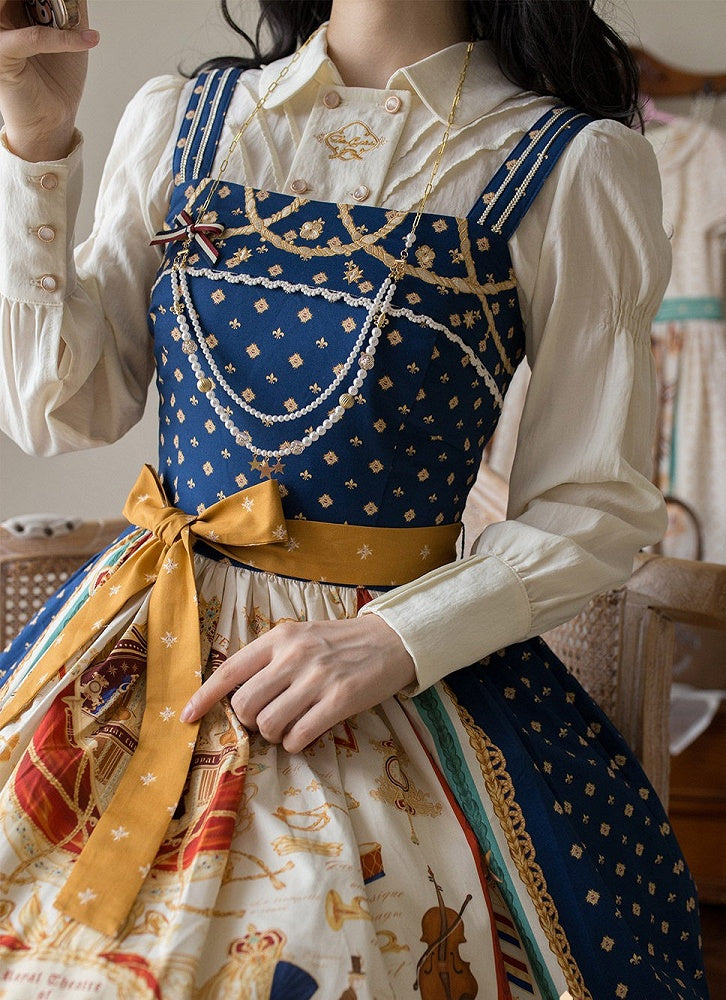 Dark Blue Musical Print Elegant Lolita Jumper Skirt - Crucis Universal Tailor Company