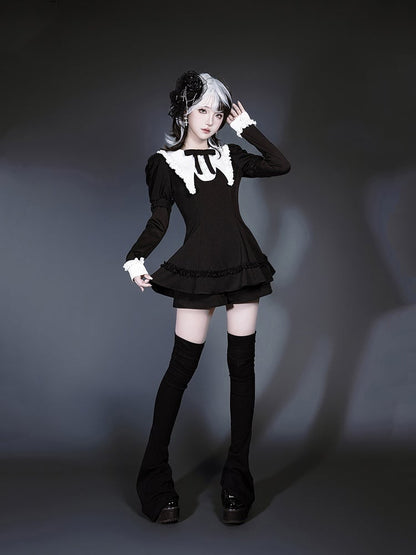 Black Jirai Juliette Flat Gothic Pointed Top with Sleeves Kei Set: Three-Piece White Collar