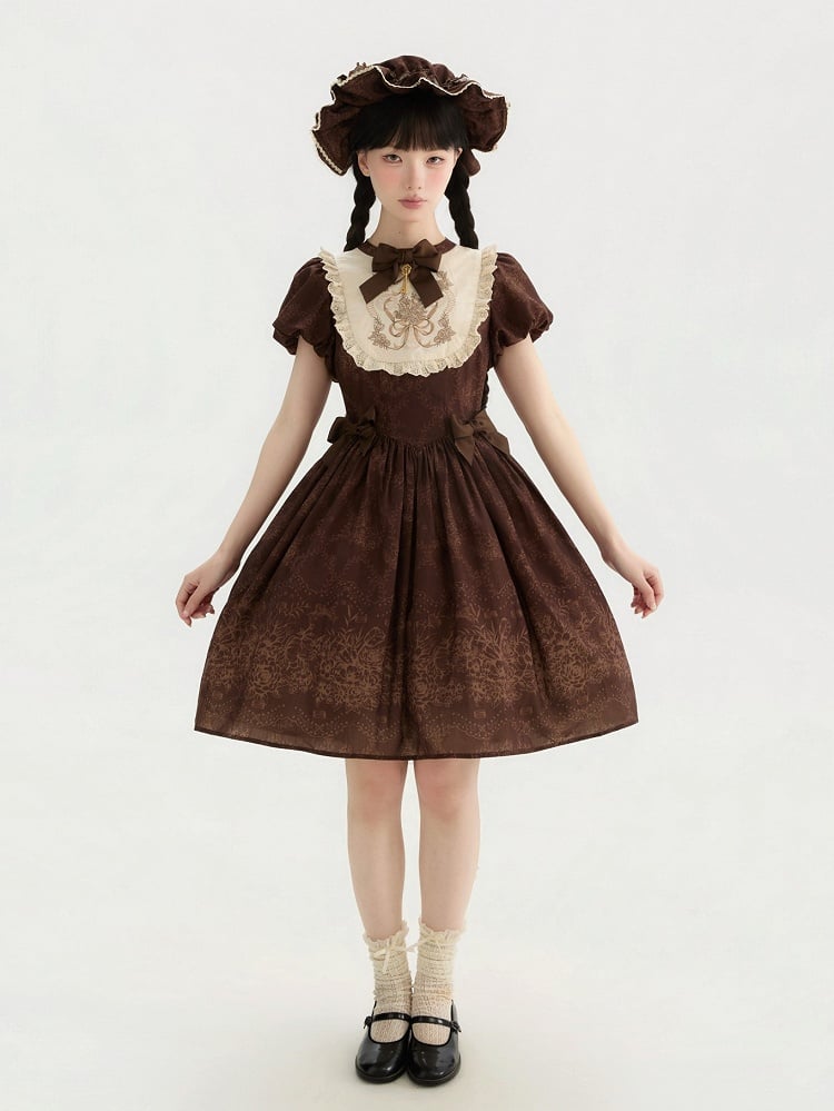 Piece Version Lolita Floral Bodice One Embroidery Classic and Brown Short Bowknot