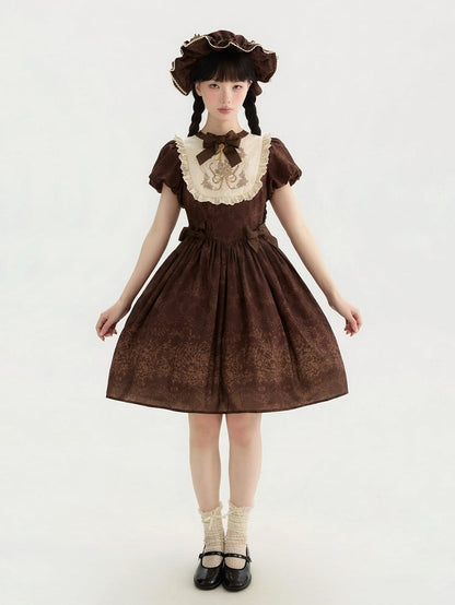 Piece Version Lolita Floral Bodice One Embroidery Classic and Brown Short Bowknot