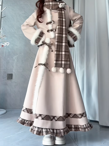 Fur Classic Plaid Set Top Scarf Trim Hem Khaki Lolita Skirt Elegant + Faux Ruffle