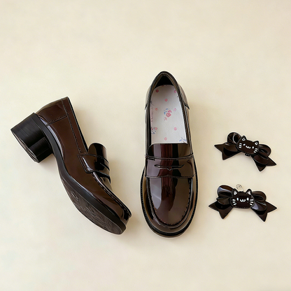 School-style Accents Paw PU Cat Bow Decor with Heels Loafers Mid-heel Brown 5cm