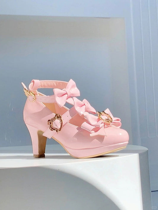Heels with Rhinestone Removable Polished Bow Lolita 7cm Pointed Pink Toe Hime Light