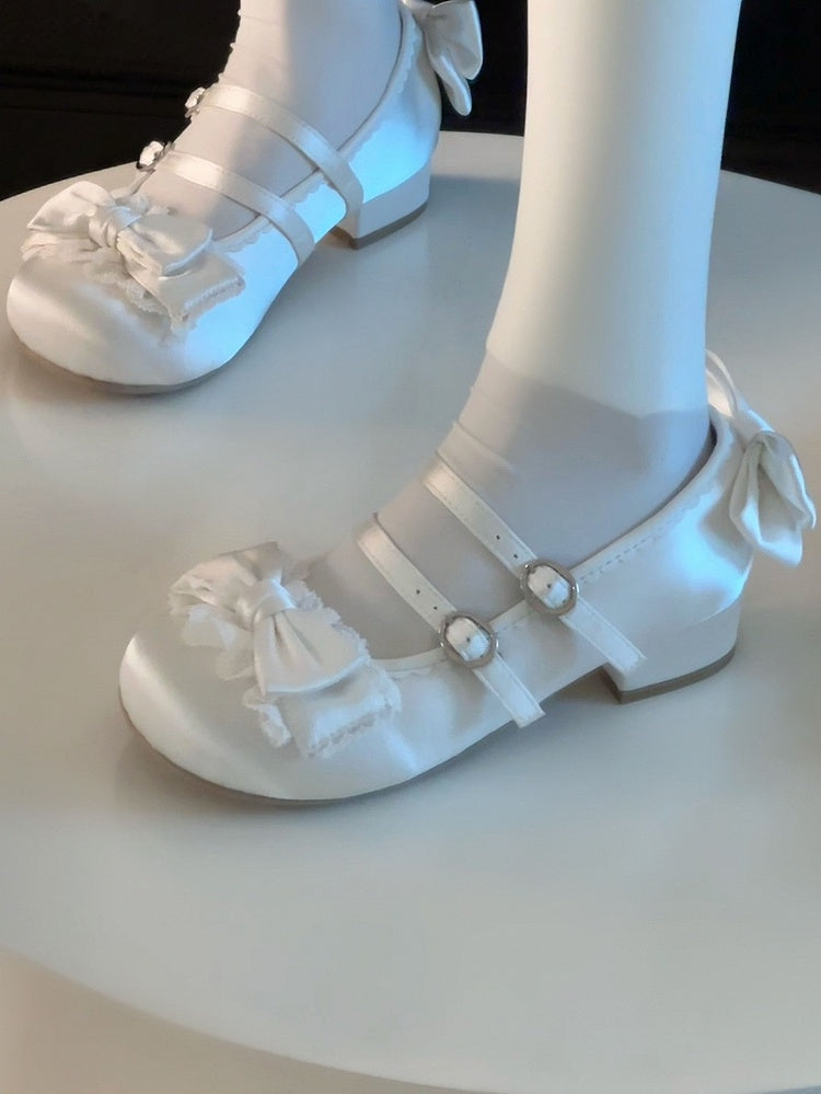 Sweet Janes Double mit Mary Satin-Finish Spitze Rüschen weiße Schleife PU Lolita Schnallen -