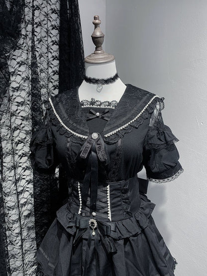 Ärmel Bluse Schulter Kurz Perlen Jirai Kei Cutout mit Matrosenkragen Schwarz/Weiß