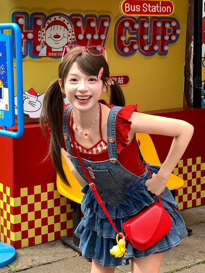 Overalls gefüttert blau gestuft Rüschen Distressed Denim Design