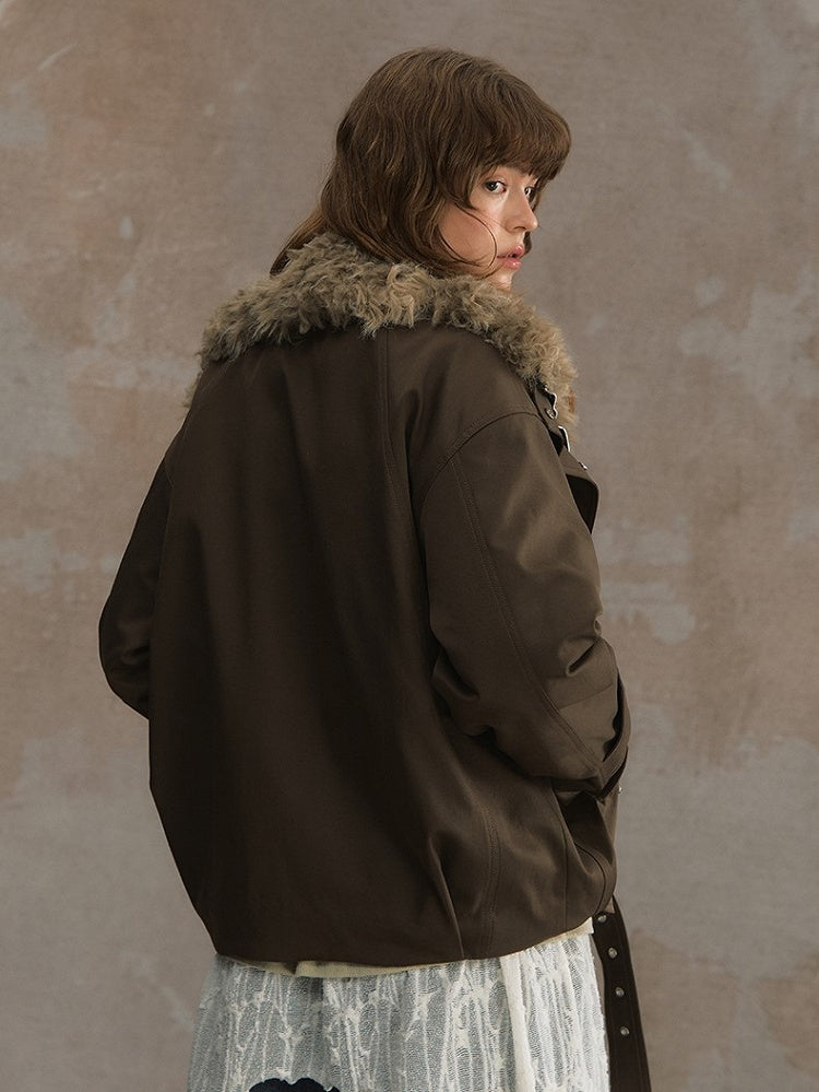 Short Brown/White Jacket Faux Fur Belt Buckle with Collar