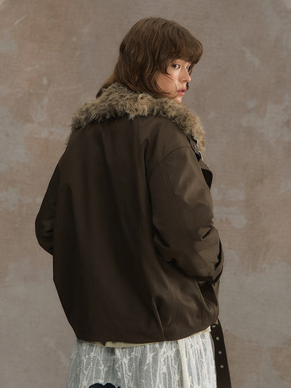 Short Brown/White Jacket Faux Fur Belt Buckle with Collar