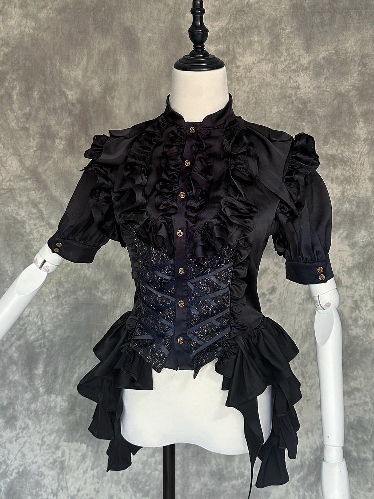 Accents Black Sleeves Shirt Short Ruffle with Ouji Lolita Gothic