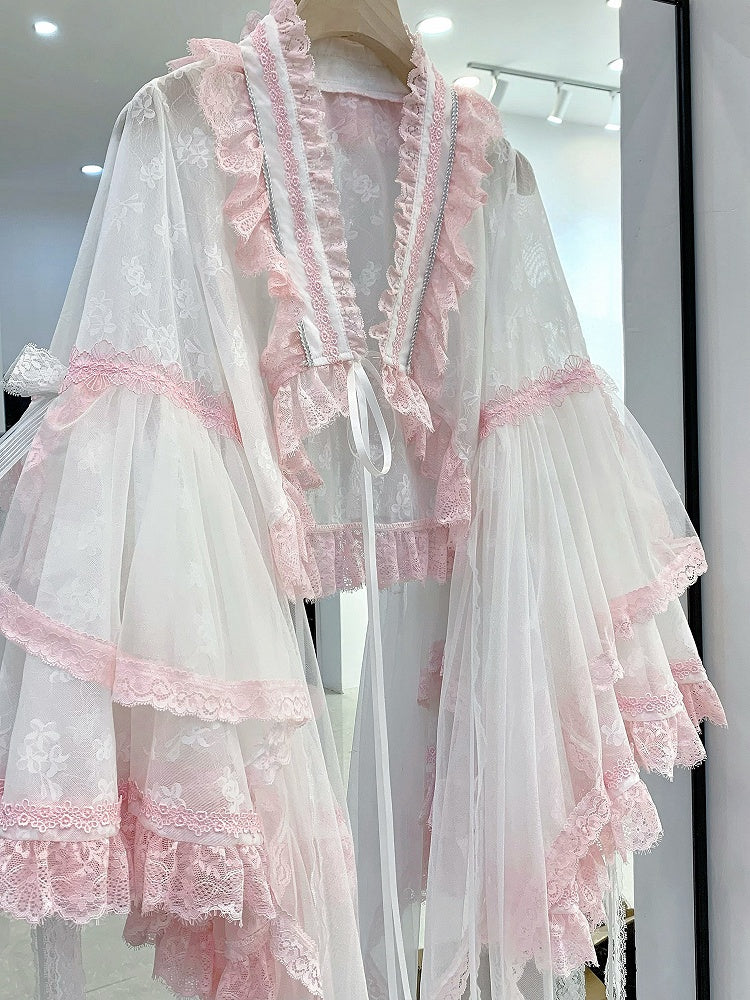 Pink & White Chinoiserie Floral Lace Blouse for Inner or Outer Wear - Flower Banquet