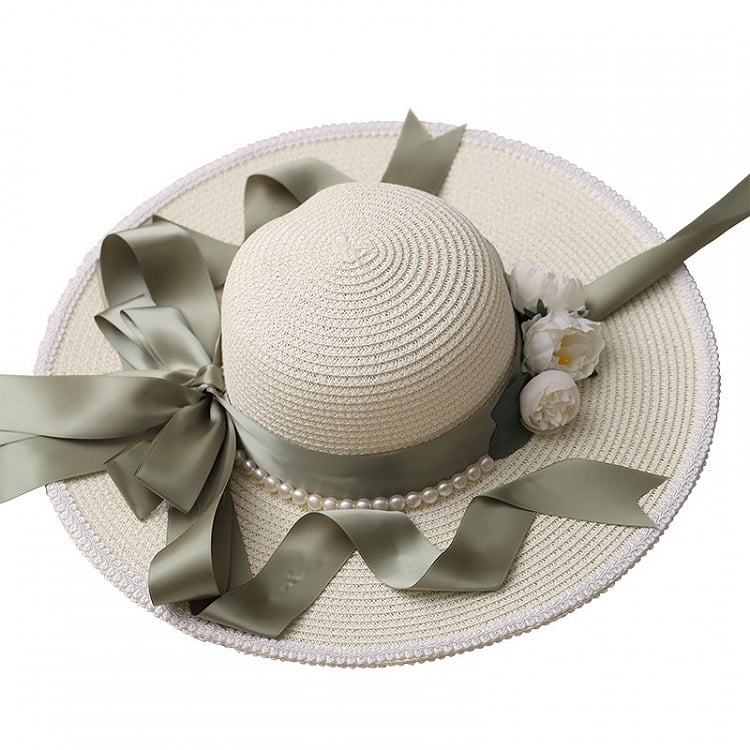 3 Color Options Country Lolita Pearl Floral Wide-Brim Straw Hat