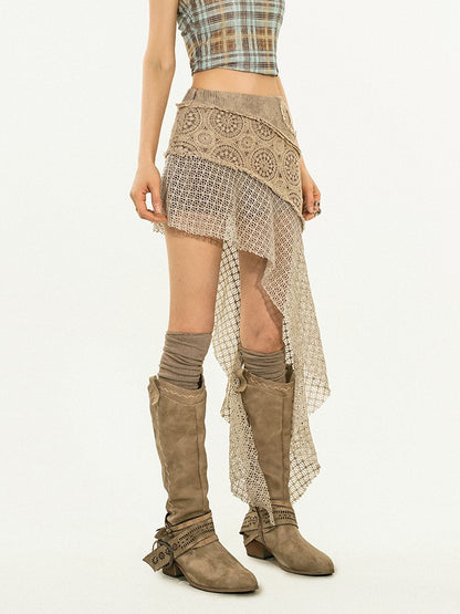 Punk Asymmetric Knit Patchwork Lace Light Brown Wasteland Built-in Shorts with Mini Skirt