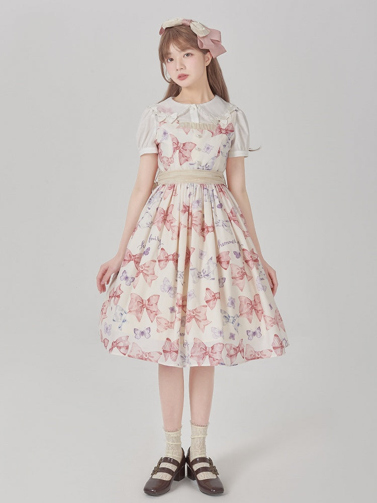 Sweet Bowknots Print Pink High Waist Retao Lolita Dress