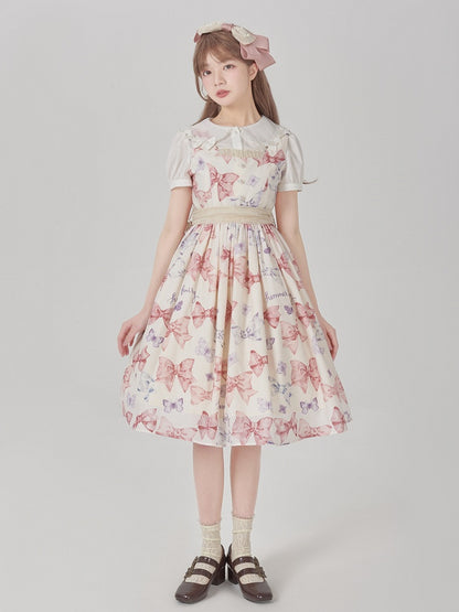 Sweet Bowknots Print Pink High Waist Retao Lolita Dress