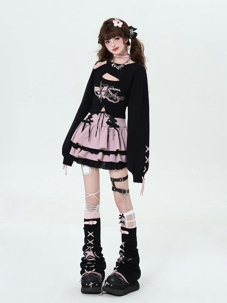 Shrug Knit Criss-cross Spicy Lace-Up Black Sweet Tank Set: Cropped Top