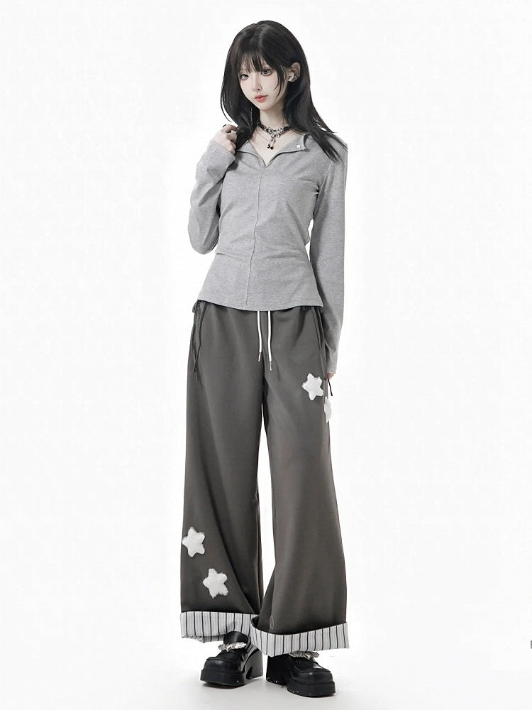 Gray/Black/Beige Plush with Rolled Star Cuffs Appliques Dark Sweatpants Striped