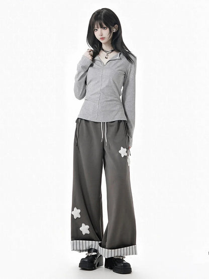 Gray/Black/Beige Plush with Rolled Star Cuffs Appliques Dark Sweatpants Striped