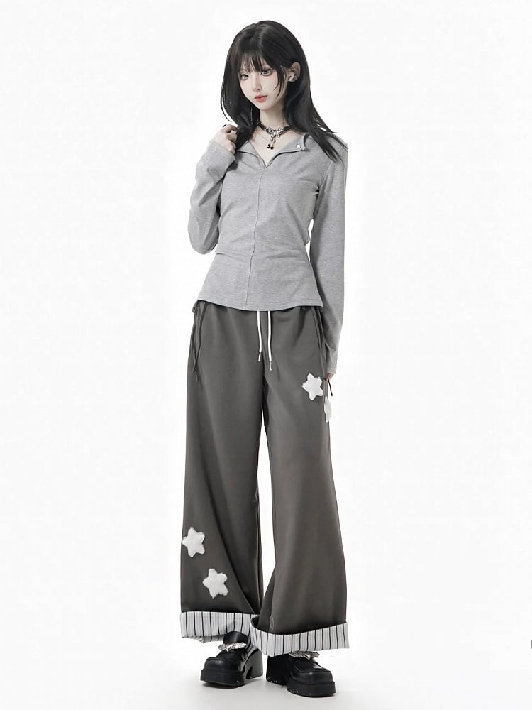 Long V-Neck Black Sleeves Reversed White Gray in Top /