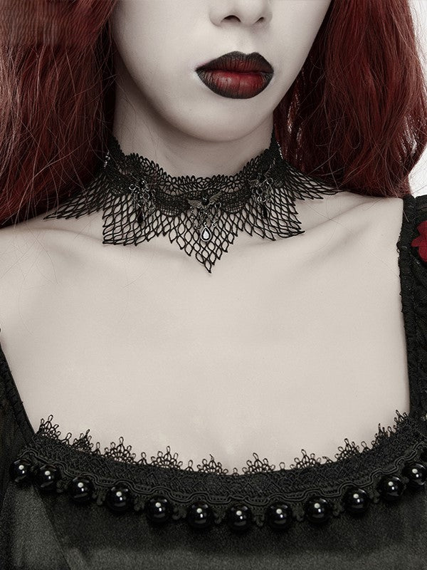 Dark Black Lace Choker with Bat Ornament - Punk Rave