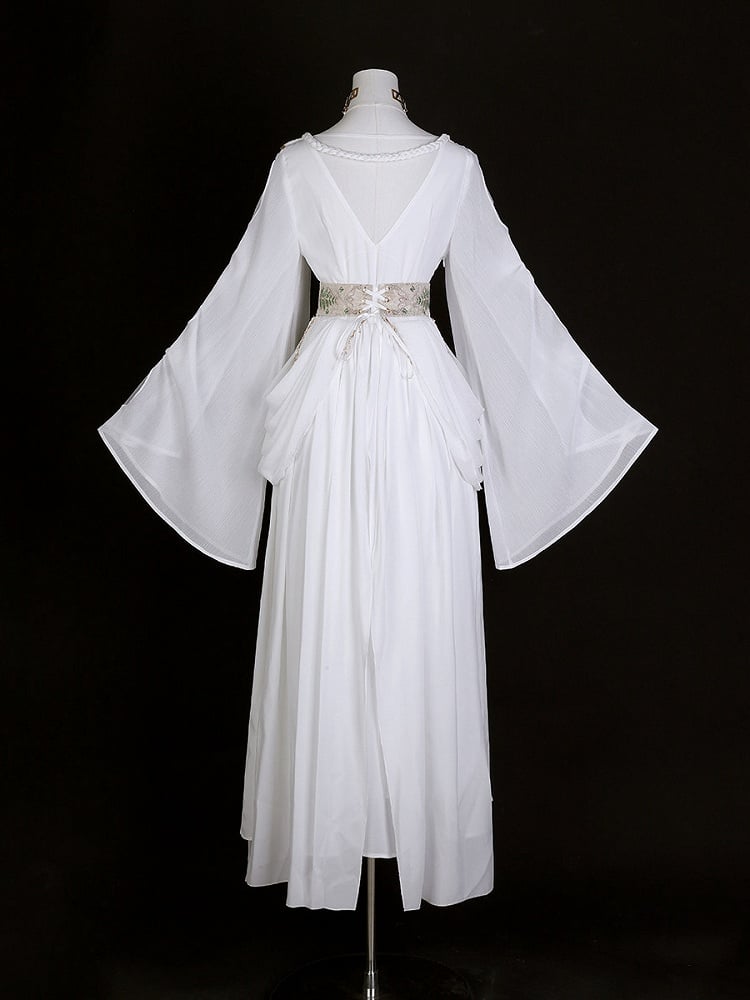 Greek-inspired White Lolita Gold Chiffon Corset Dress + Belt with Accents Embroidered