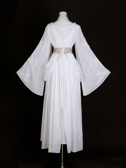Greek-inspired White Lolita Gold Chiffon Corset Dress + Belt with Accents Embroidered