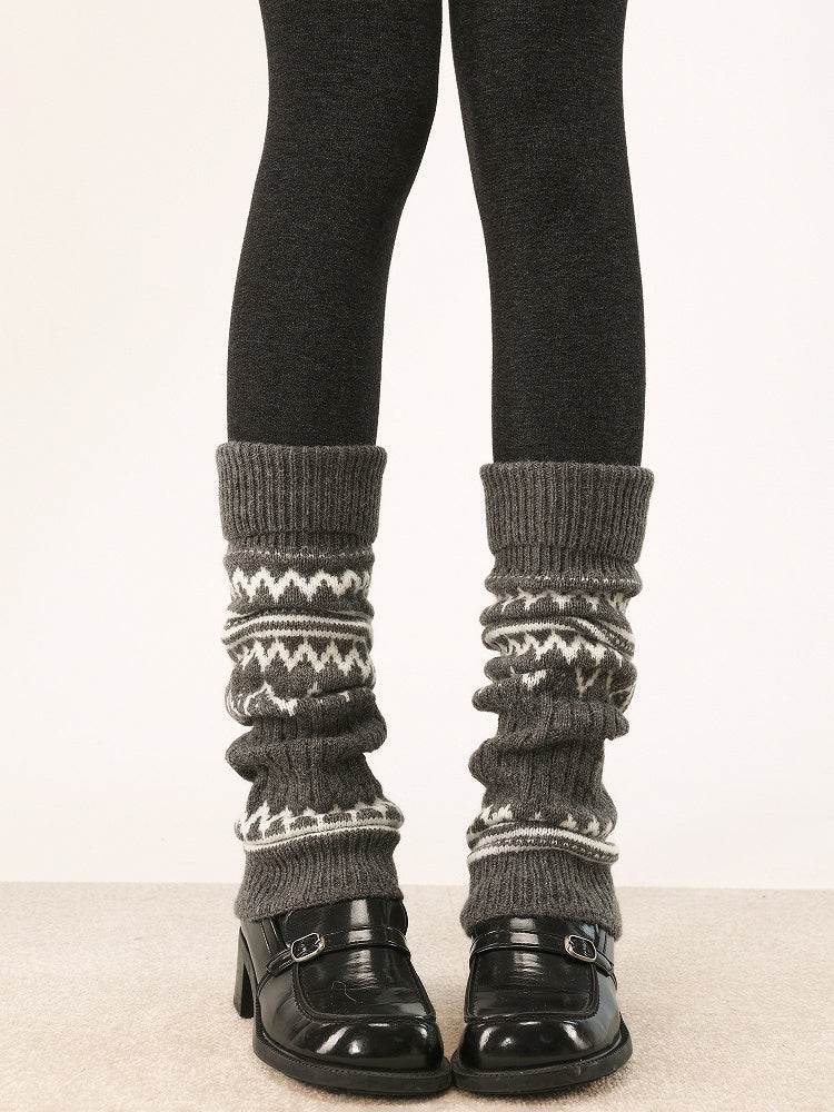 Creamy Pattern Geometric Retro Knitted Striped White/Dark Leg Warmers Gray/Black