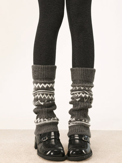 Creamy Pattern Geometric Retro Knitted Striped White/Dark Leg Warmers Gray/Black