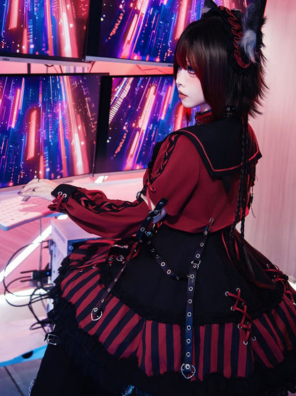 JSK Collar and Ears Red Dress Gothic Sailor Striped Pattern Big + Kitty Bow Top Lolita Black Cropped