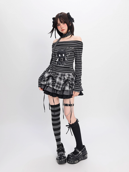 Gray Striped Top Neckline Black and Scarf with Bittersweet Kitten Print Off-the-shoulder