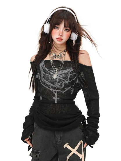 Top Graffiti Weiß/Schwarz Halbtransparenter Kordelzug in der Taille