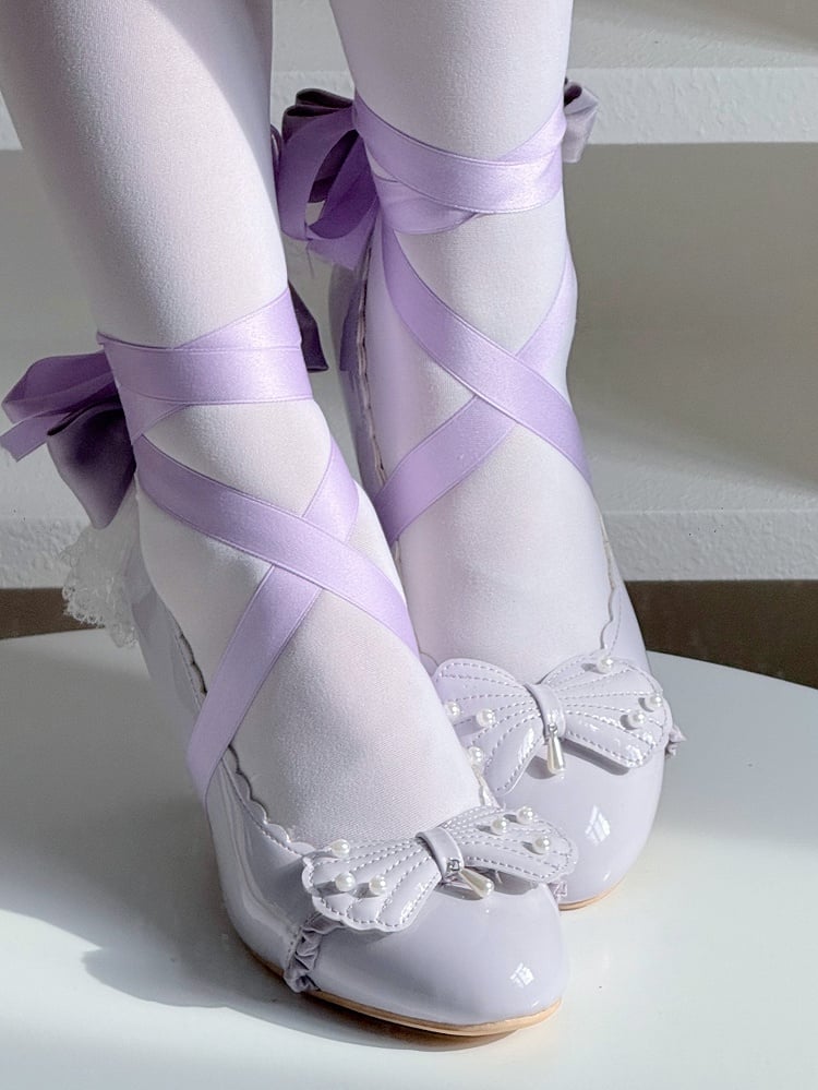 Purple Beaded Motif Mid-heel Elegant - Bow with Lolita Shell Scalloped Hem Pumps Ruffle Trim