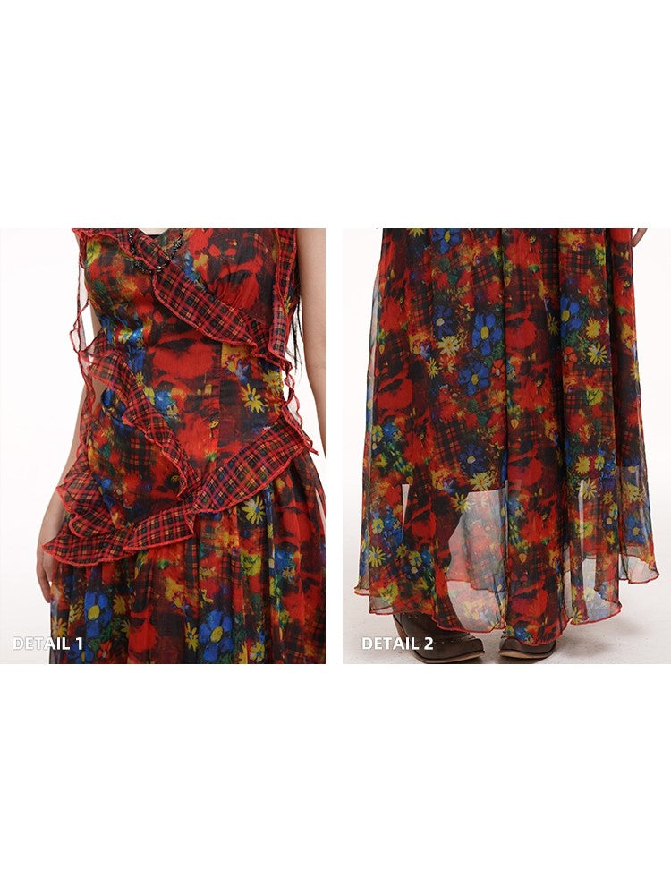Cascading Dye Straps with Ribbon Red Slip Plaid Floral Dress Ruffles Tie