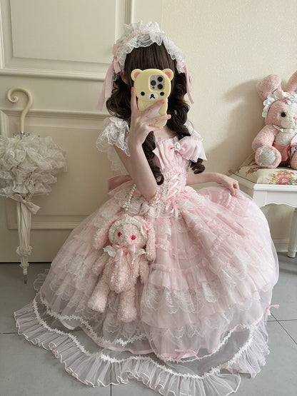 Lolita Multi-Layer Sweet Lace with Pink Details JSK Bows Rhinestone Dress Hanayome-Style