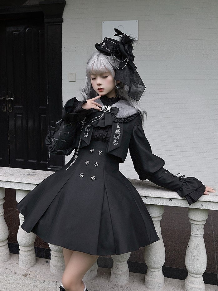 Black Lolita with Buttons Gothic Under Silver-tone Bust Dress