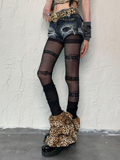 Black Punk Buckle Print Tights Leopard Leg Warmers Set