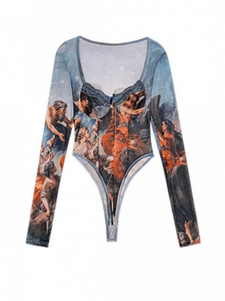 Detachable Square Painting Tulle Bodysuit with Oil Print Vintage