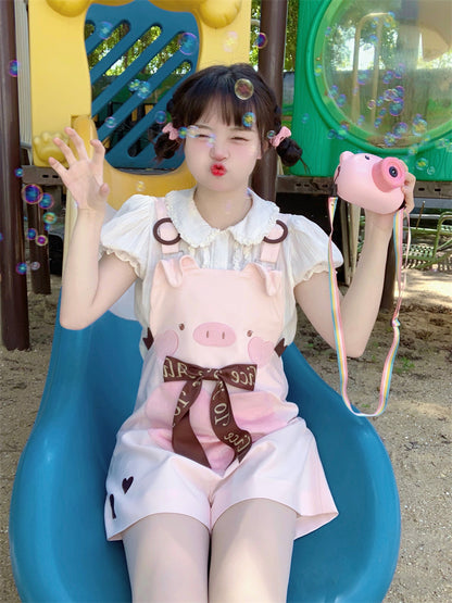 Adorable Piggy Pattern Bubble Shorts Overalls Pink