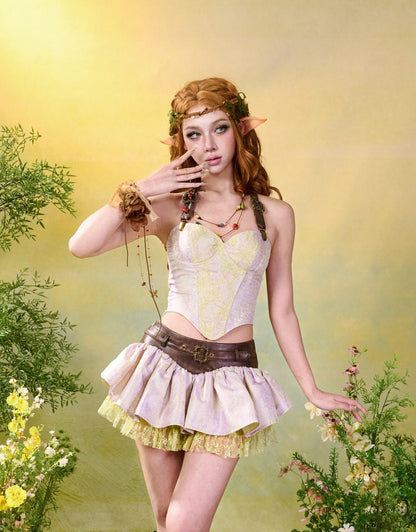 Purple & Green Fairycore Mori Layered Ruffle Skirt with Lace Trim - Virtual Orbit
