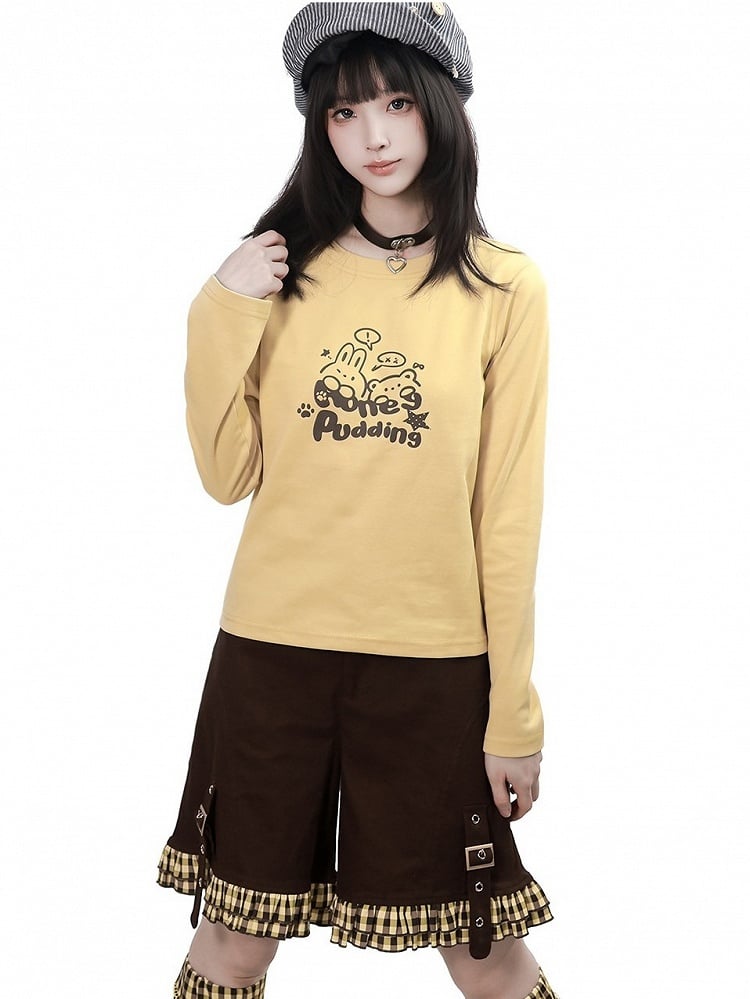 Yellow Crew Neck Long Sleeve Top with Bunny Bear Cartoon Print - PINK SAVIOR