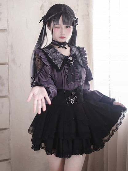 Kei-Kragen Gothic Schwarz und Stil Spitze Bluse: Dunkelviolette Ausschnitte mit Royal Lace Jirai