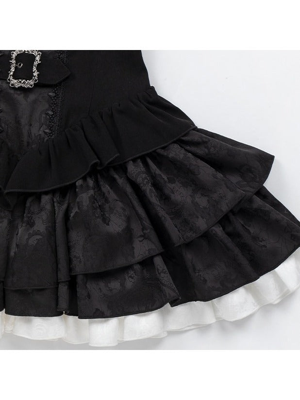 Gothic Lace-Up Lolita OP Gown with Metal Buckle, Short Version and Mini Hat Set - With PUJI