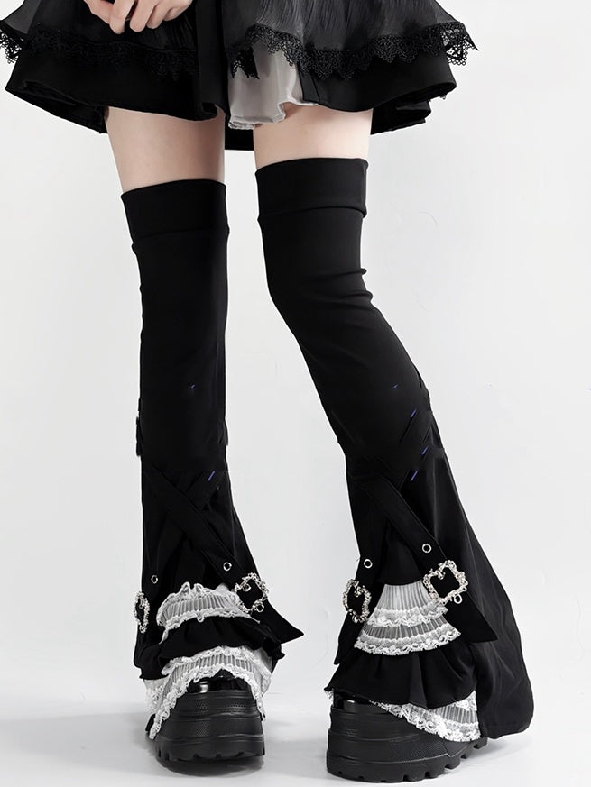 Lace Leg Warmers Multi Layer Buckle Details Black White - AOSpace